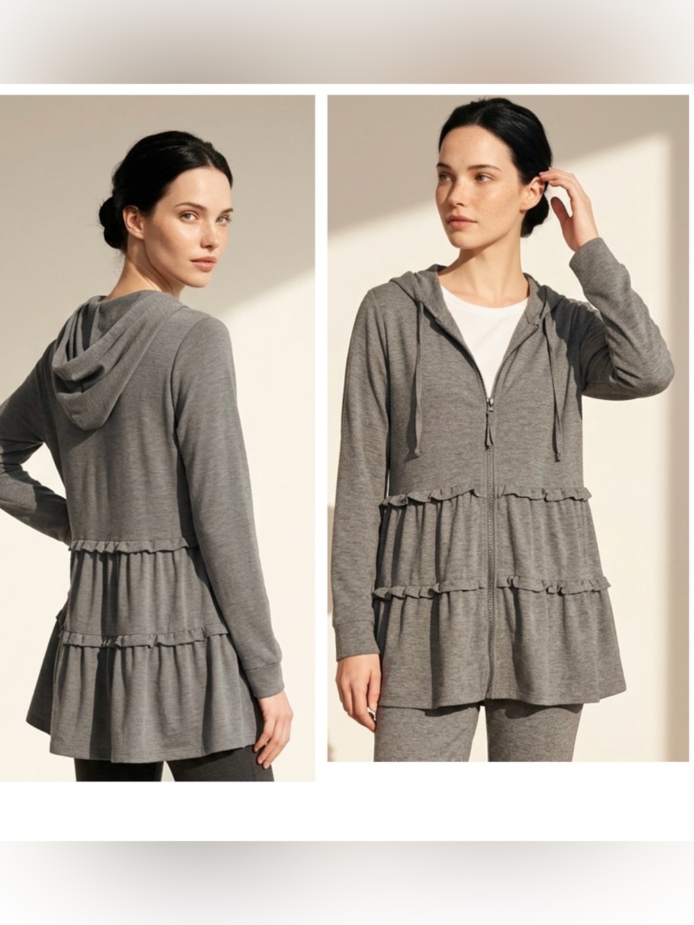 LOGO Lounge Women M Hooded Zip-Front tiered Ruffle Tunic - Gray
